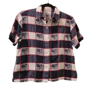 Vtg Womens Patriotic Heart Embossed Plaid Button Down Top Tantrums Size S USA